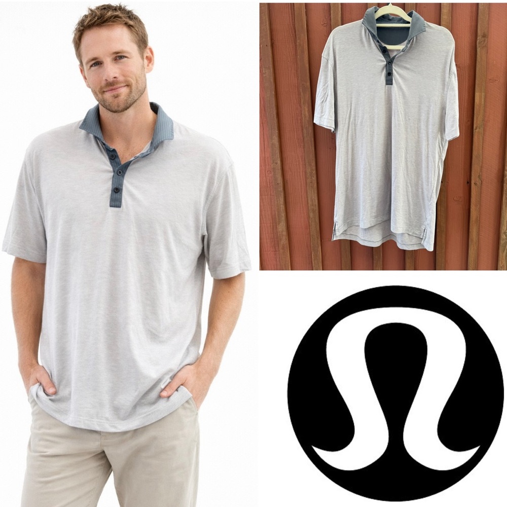 Lululemon Light Gray Post Practice Short Sleeve Polo Shirt size Large Men